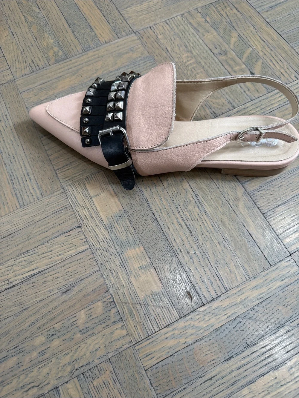 Pointed Slingback Flats in Blush with Black Fringe and Studs